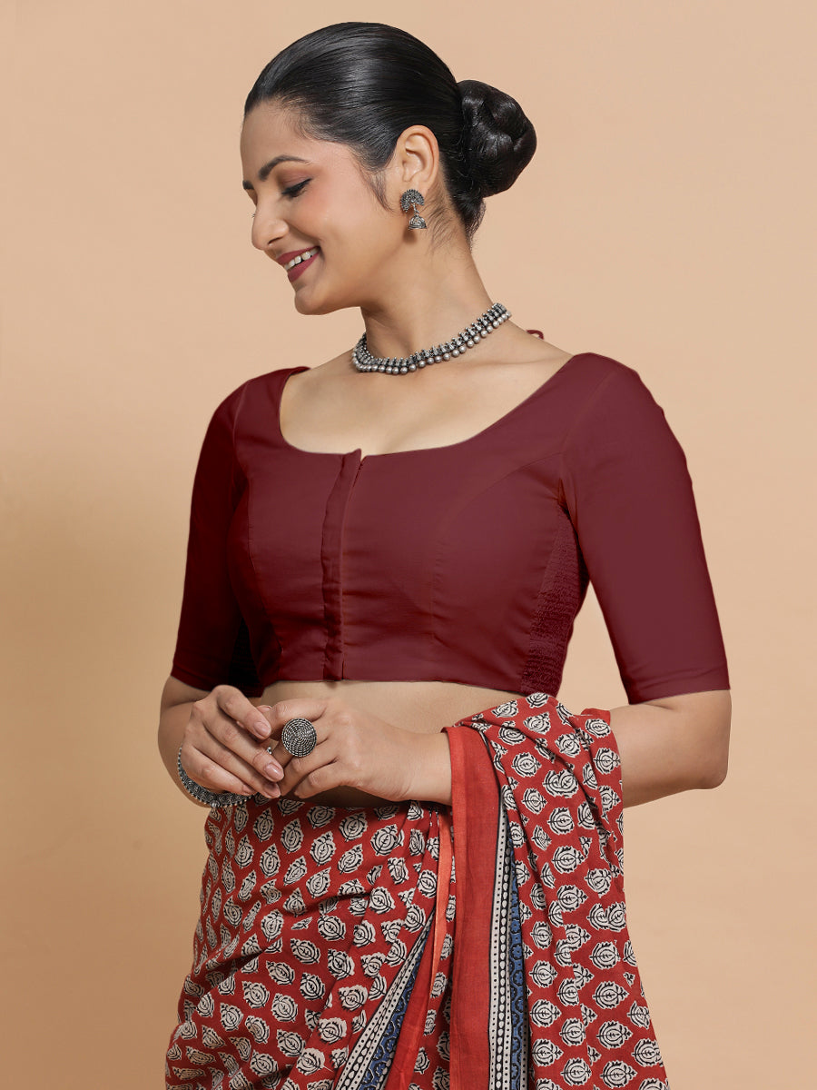 Lahari x Rozaana Saree Blouse, in Maroon Cotton, featuring elbow sleeves and round neckline, made for daily & work (view 8).