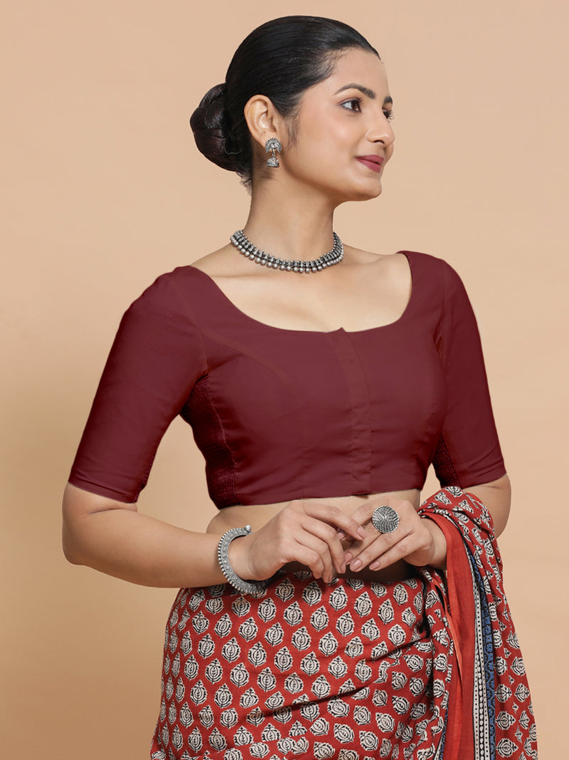 Lahari x Rozaana | Round Neck Royal Maroon Plain Cotton Saree Blouse-Binks