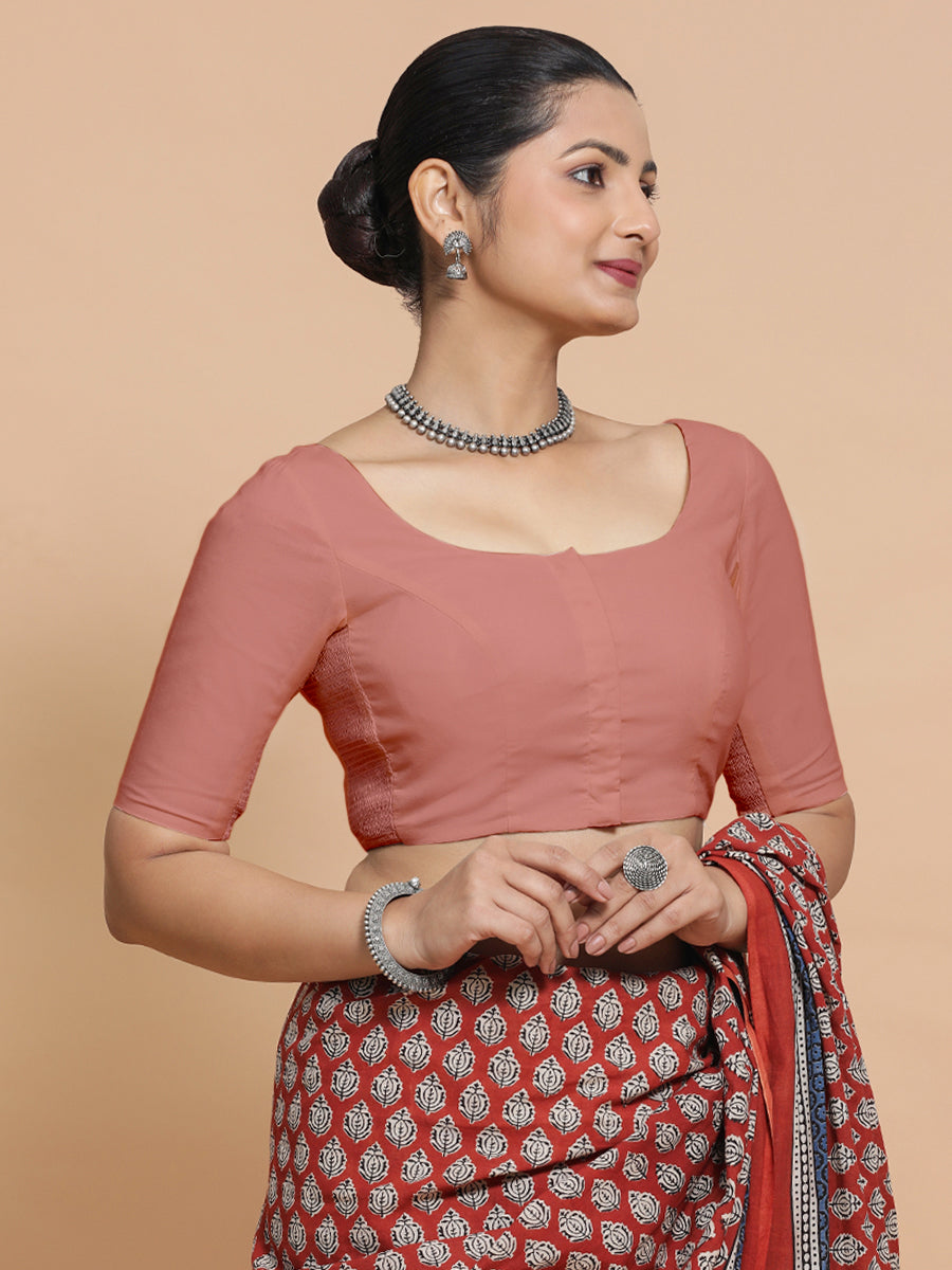 Lahari x Rozaana Saree Blouse, in Peach Cotton, featuring elbow sleeves and round neckline, made for daily & work.