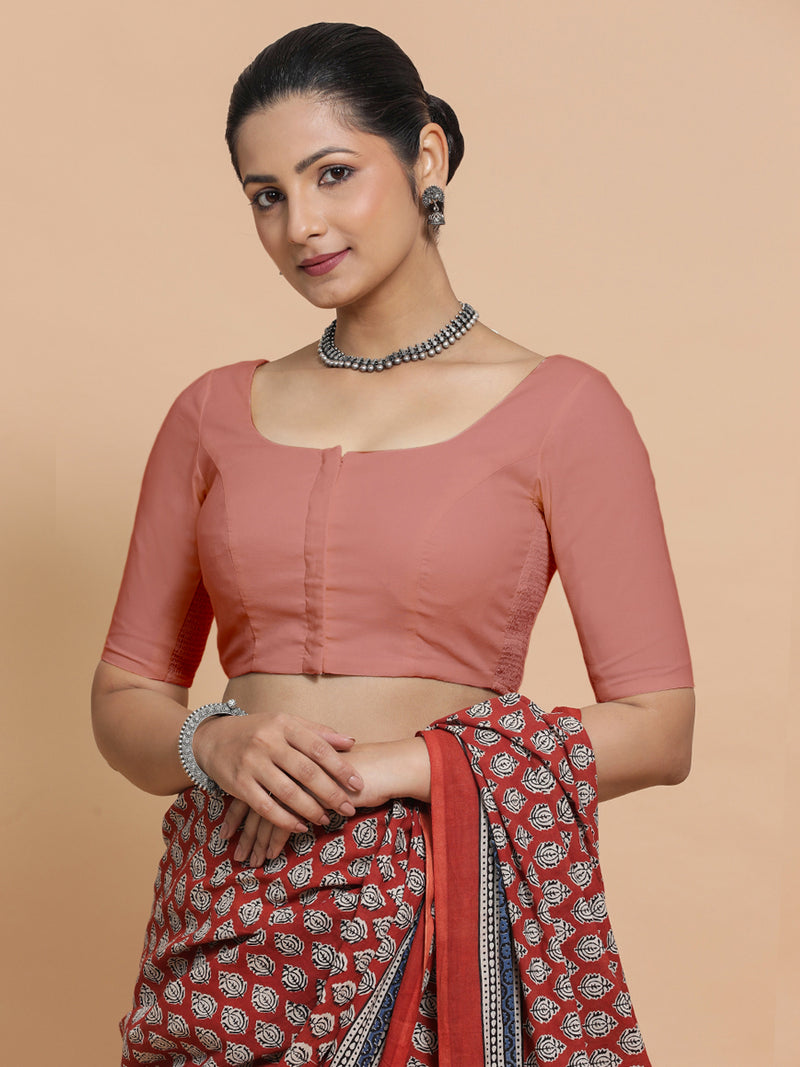 Lahari x Rozaana | Round Neck Soft Peach Plain Cotton Saree Blouse-Binks