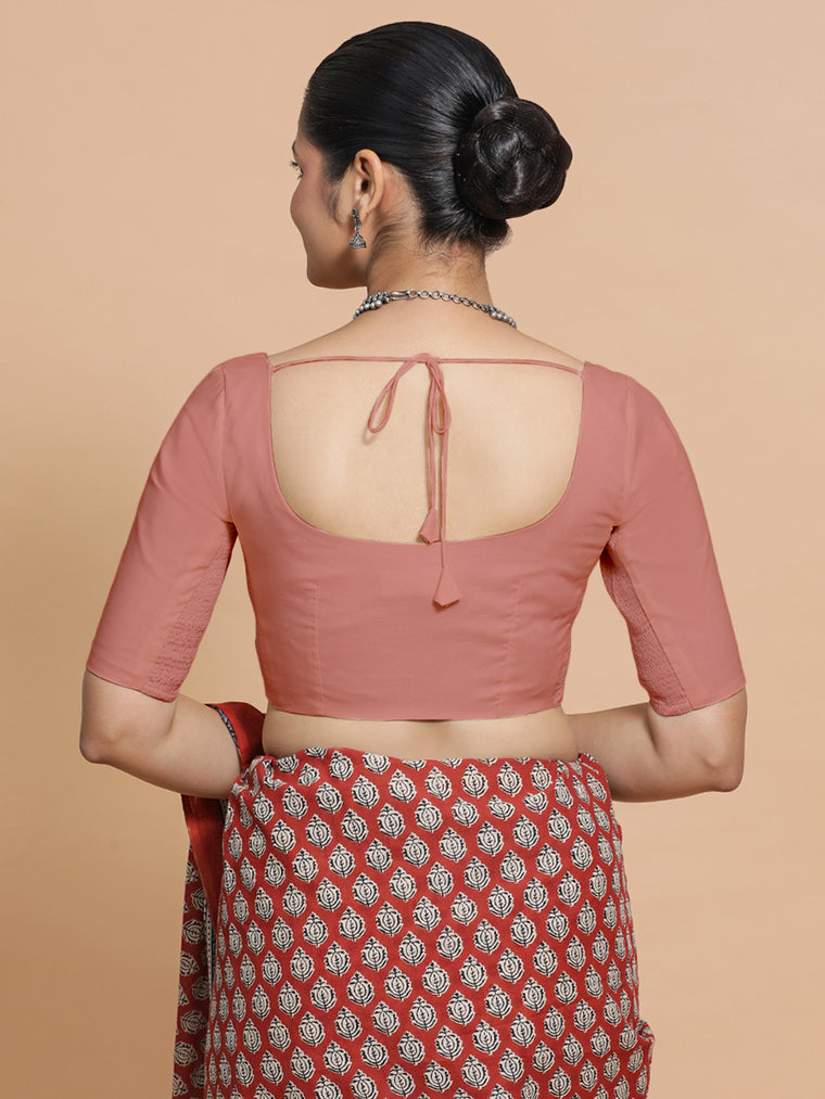 Lahari x Rozaana Saree Blouse, in Peach Cotton, featuring elbow sleeves and round neckline, made for daily & work (view 2).