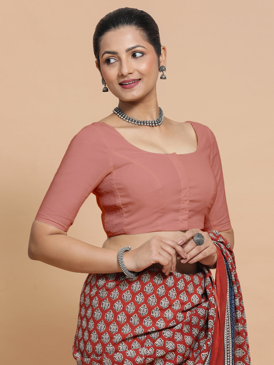 Lahari x Rozaana Saree Blouse, in Peach Cotton, featuring elbow sleeves and round neckline, made for daily & work (view 5).