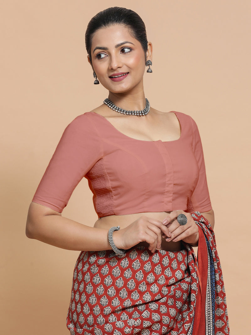 Lahari x Rozaana | Round Neck Soft Peach Plain Cotton Saree Blouse-Binks