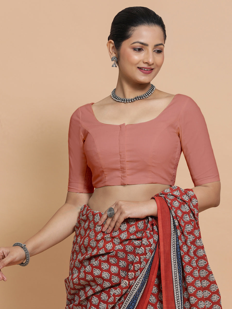 Lahari x Rozaana Saree Blouse, in Peach Cotton, featuring elbow sleeves and round neckline, made for daily & work (view 6).