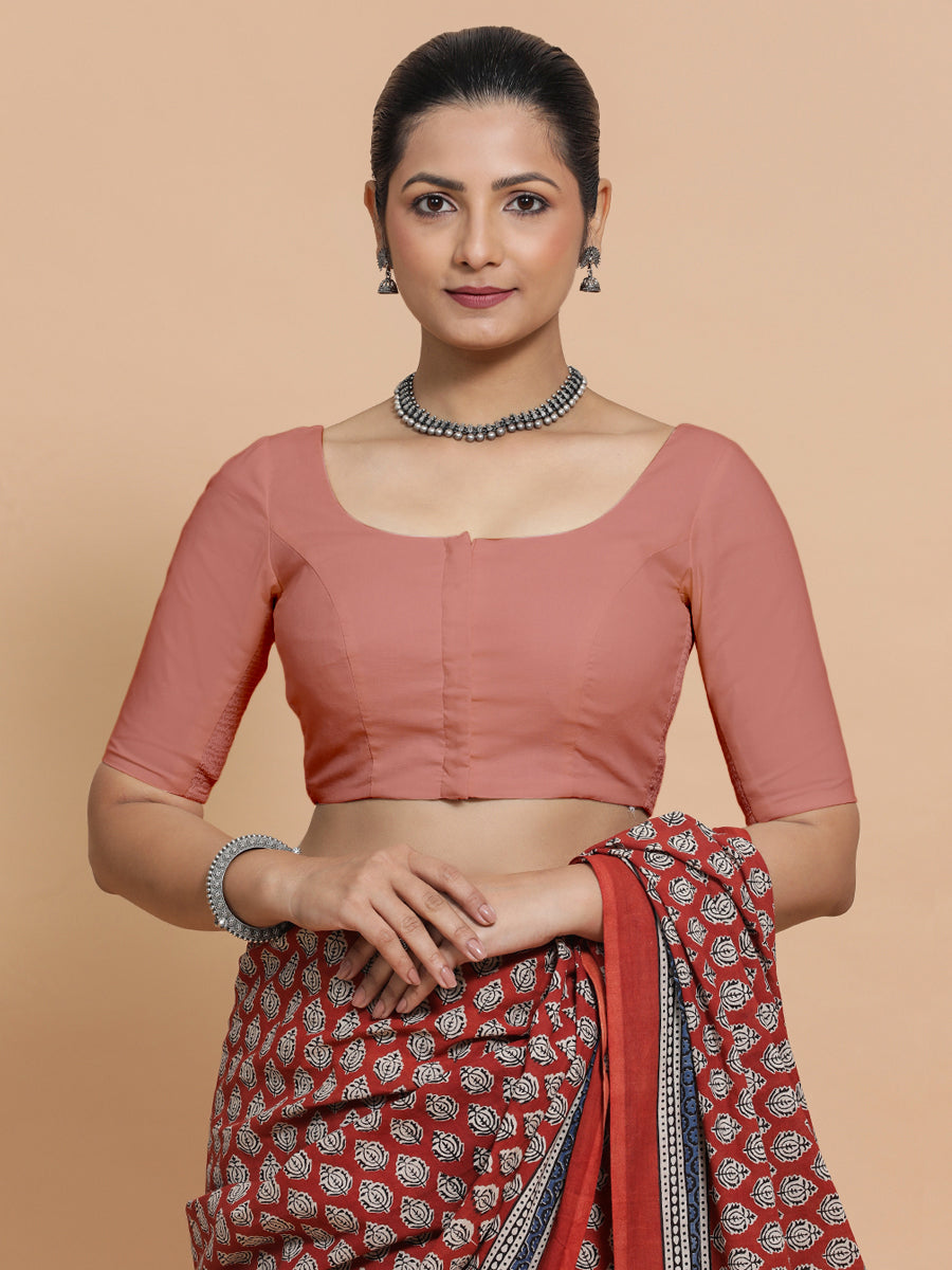 Lahari x Rozaana Saree Blouse, in Peach Cotton, featuring elbow sleeves and round neckline, made for daily & work (view 7).