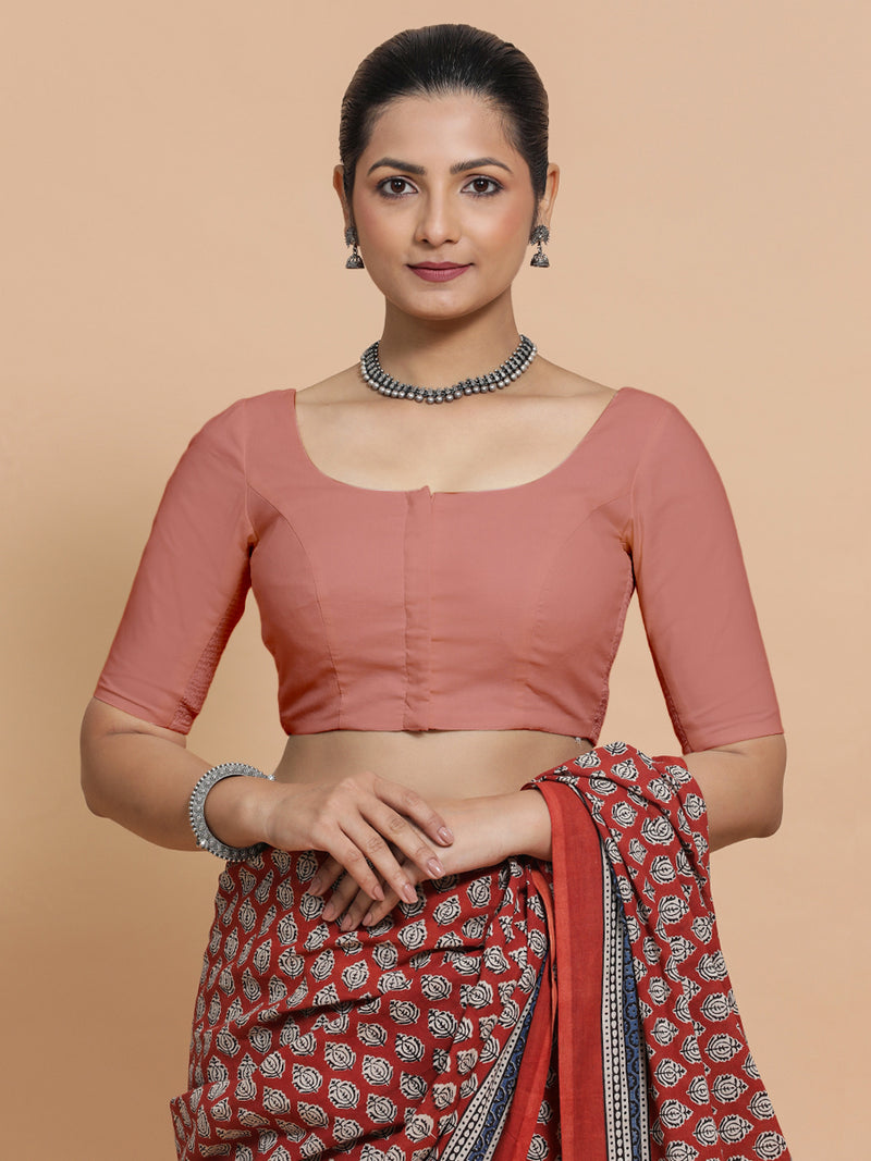 Lahari x Rozaana | Round Neck Soft Peach Plain Cotton Saree Blouse-Binks