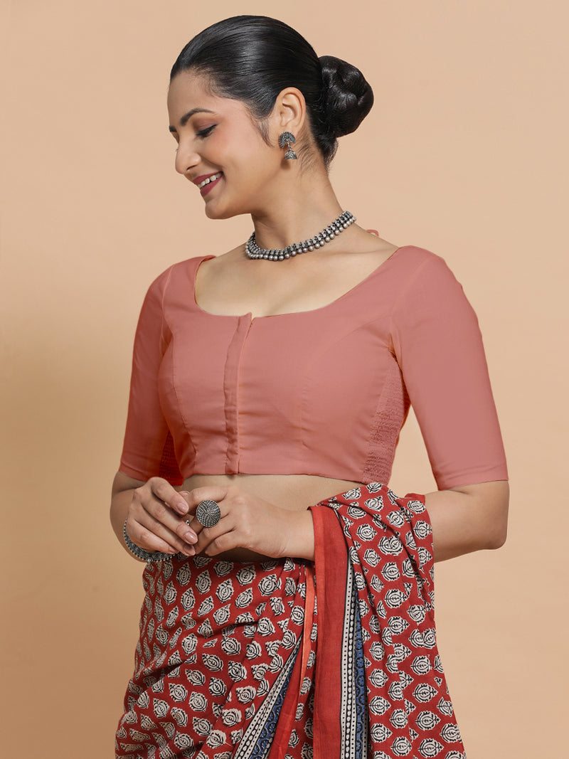 Lahari x Rozaana | Round Neck Soft Peach Plain Cotton Saree Blouse-Binks