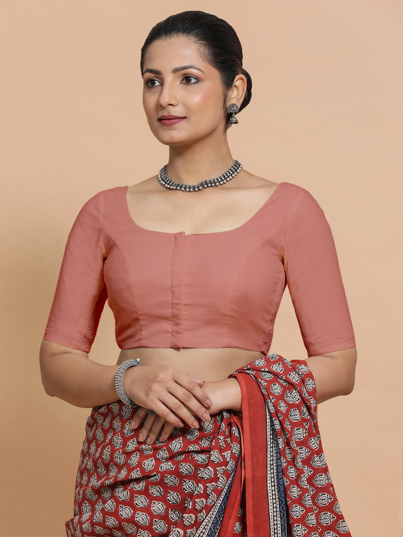 Lahari x Rozaana | Round Neck Soft Peach Plain Cotton Saree Blouse-Binks