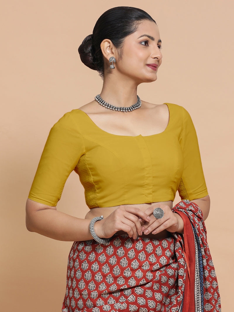 Lahari x Rozaana | Round Neck Sunny Yellow Plain Cotton Saree Blouse-Binks