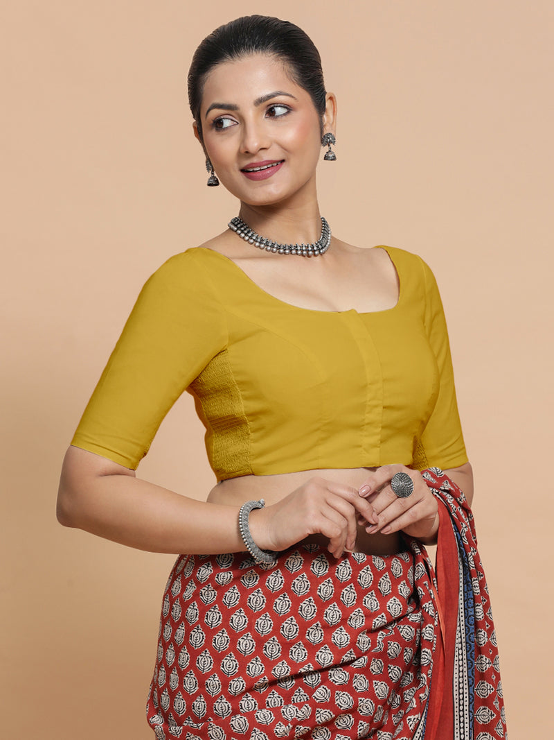 Lahari x Rozaana | Round Neck Sunny Yellow Plain Cotton Saree Blouse-Binks
