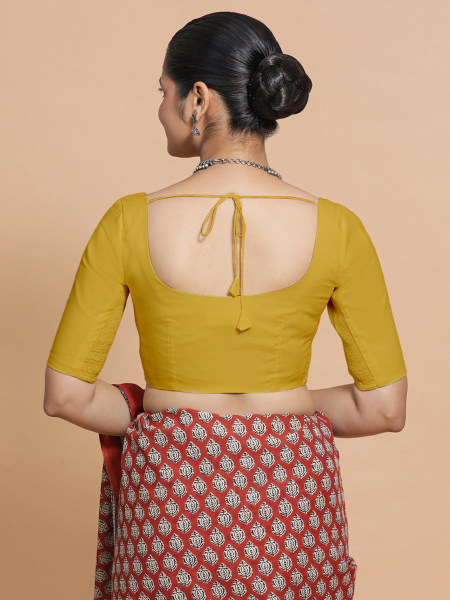 Lahari x Rozaana Saree Blouse, in Yellow Cotton, featuring elbow sleeves and round neckline, made for daily & work (view 2).