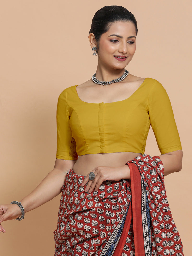 Lahari x Rozaana | Round Neck Sunny Yellow Plain Cotton Saree Blouse-Binks