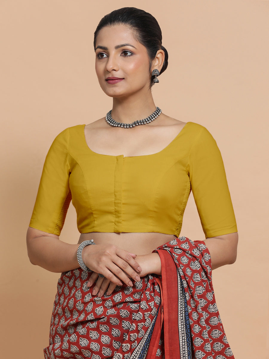 Lahari x Rozaana Saree Blouse, in Yellow Cotton, featuring elbow sleeves and round neckline, made for daily & work (view 6).