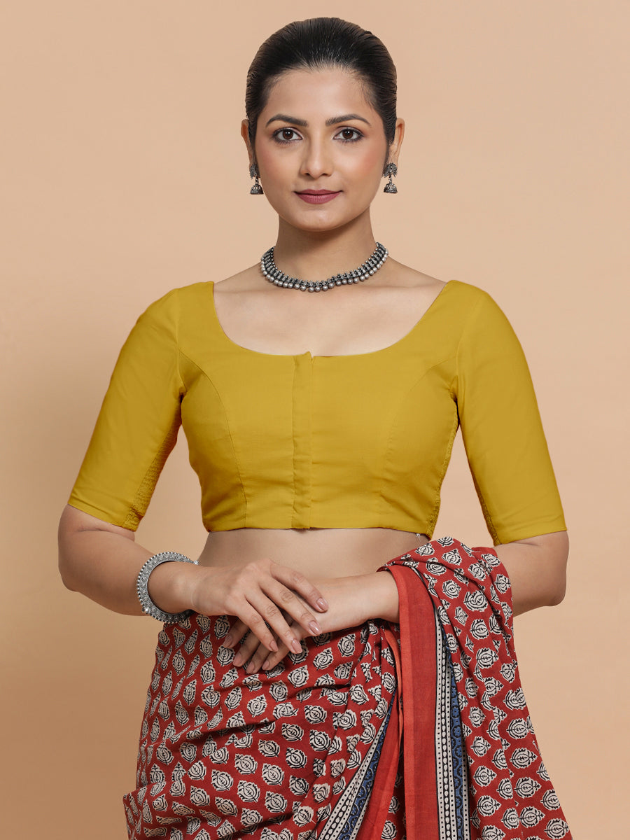 Lahari x Rozaana Saree Blouse, in Yellow Cotton, featuring elbow sleeves and round neckline, made for daily & work (view 7).