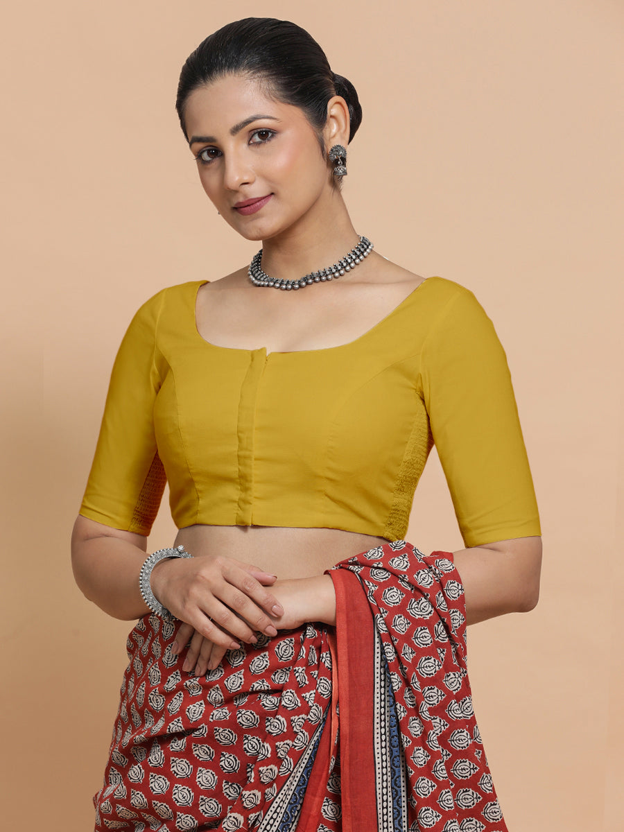 Lahari x Rozaana Saree Blouse, in Yellow Cotton, featuring elbow sleeves and round neckline, made for daily & work (view 8).