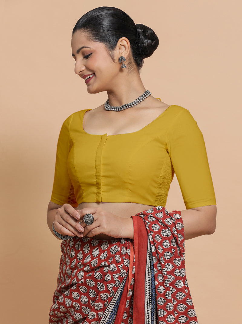 Lahari x Rozaana | Round Neck Sunny Yellow Plain Cotton Saree Blouse-Binks