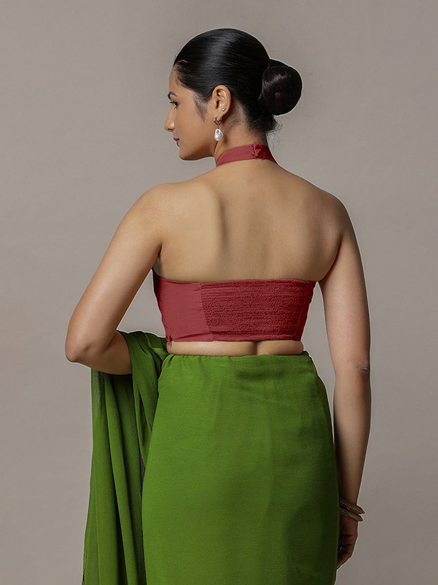 Laila x Rozaana Saree Blouse, in Red Vegan Silk, featuring sleeveless and halter neckline, made for party & festive (view 2).
