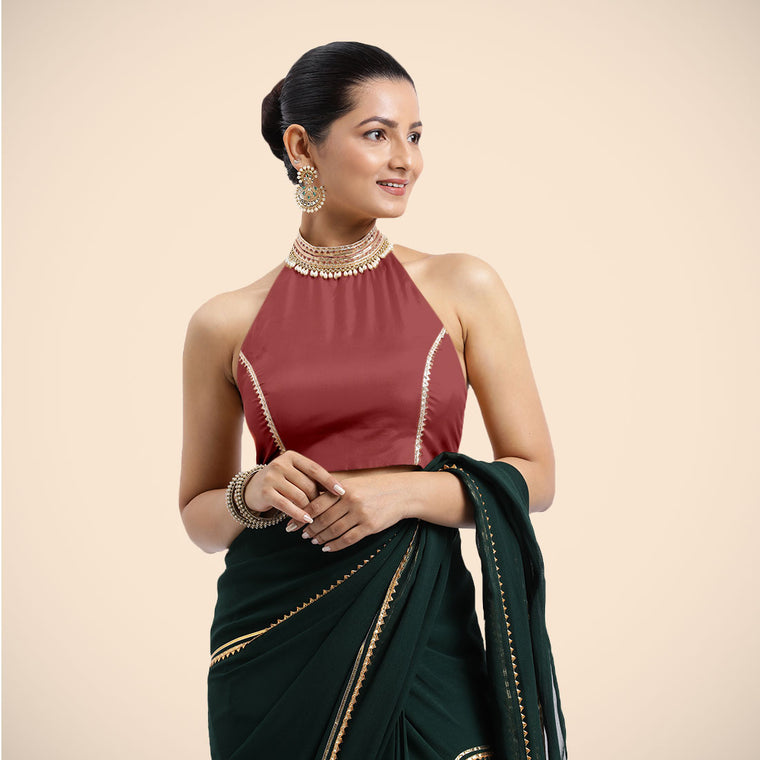 Laila x Tyohaar Saree Blouse, in Red Vegan Silk, featuring sleeveless and halter neckline, made for party & festive (view 2).