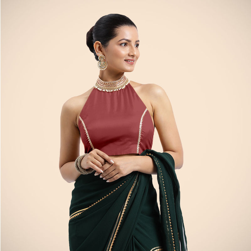 Laila x Tyohaar | Auburn Red Halterneck FlexiFit™ Saree Blouse with Heavy Golden Gota and Pearl Embellishments-Binks