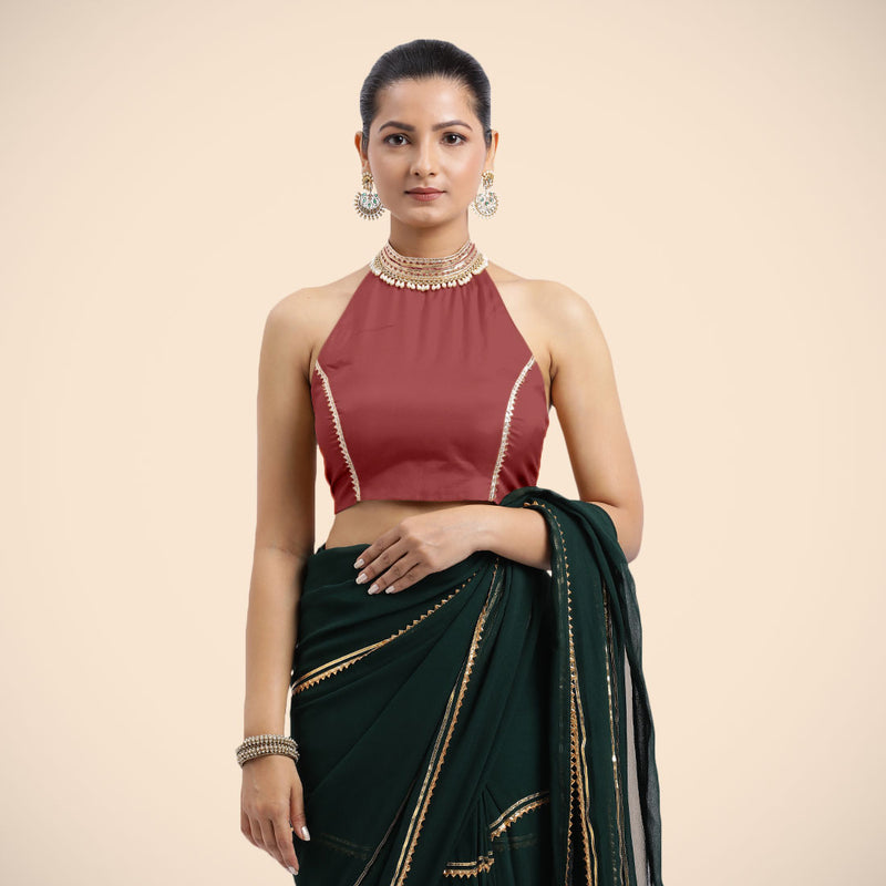 Laila x Tyohaar | Auburn Red Halterneck FlexiFit™ Saree Blouse with Heavy Golden Gota and Pearl Embellishments-Binks