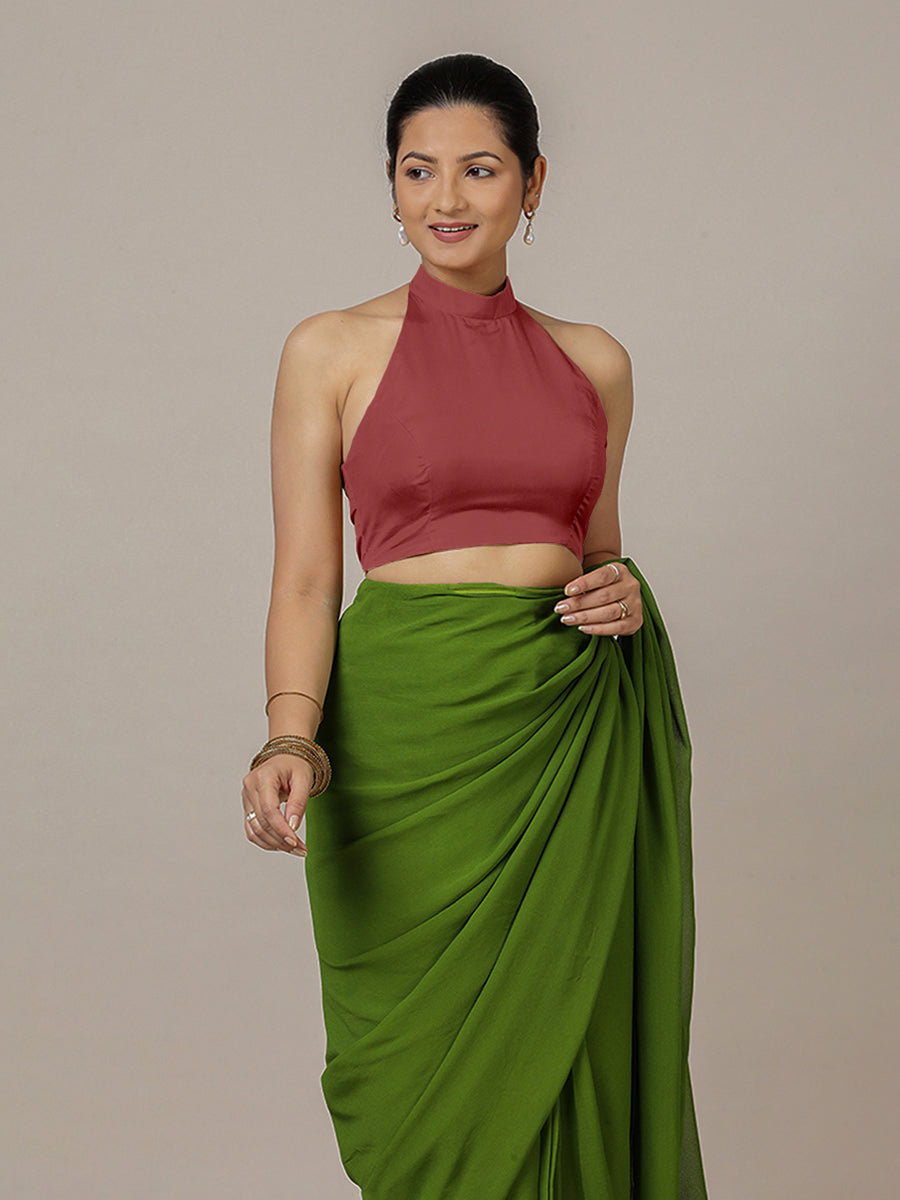 Laila x Rozaana Saree Blouse, in Red Vegan Silk, featuring sleeveless and halter neckline, made for party & festive (view 4).