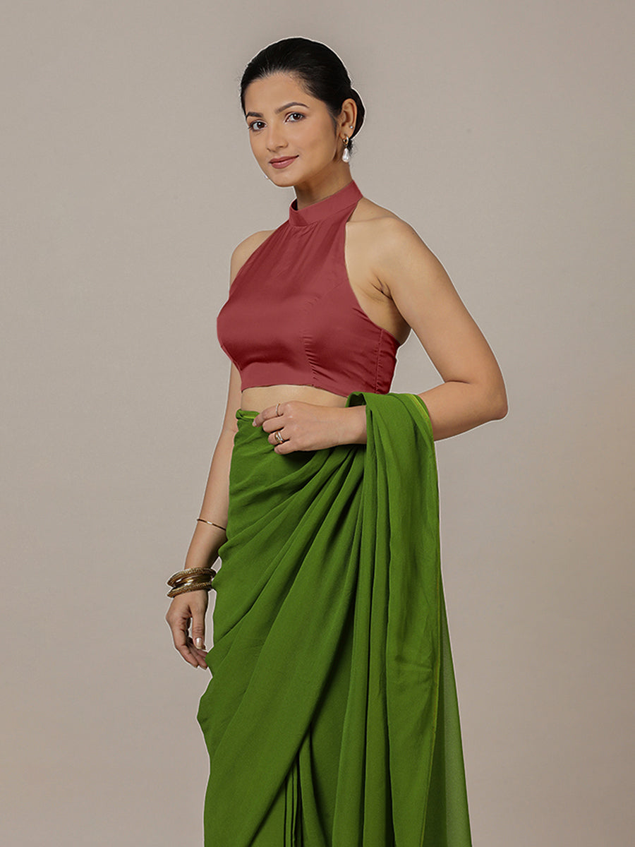 Laila x Rozaana Saree Blouse, in Red Vegan Silk, featuring sleeveless and halter neckline, made for party & festive (view 6).