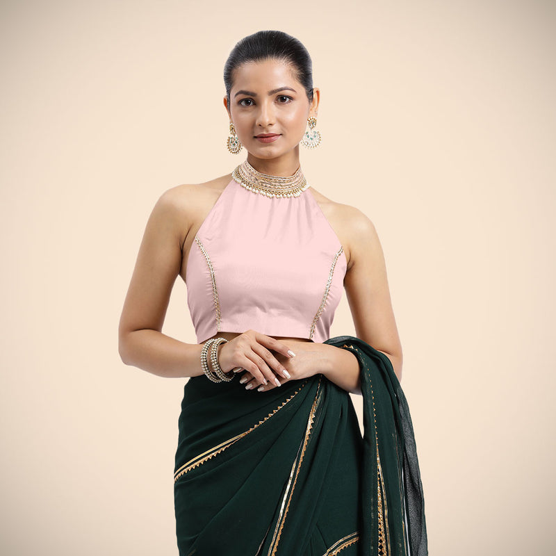 Laila x Tyohaar | Sleeveless Baby Pink FlexiFit™ Gota Embellished Saree Blouse with Halter Neck-Binks