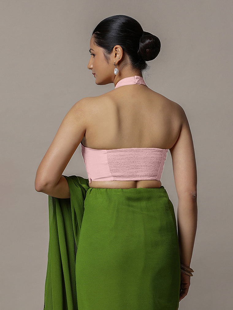 Laila x Rozaana Saree Blouse, in Pink Artificial Silk, featuring sleeveless and halter neckline, made for party & festive.