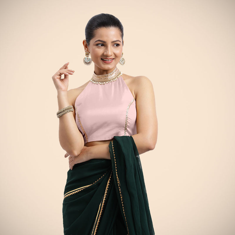 Laila x Tyohaar | Sleeveless Baby Pink FlexiFit™ Gota Embellished Saree Blouse with Halter Neck-Binks