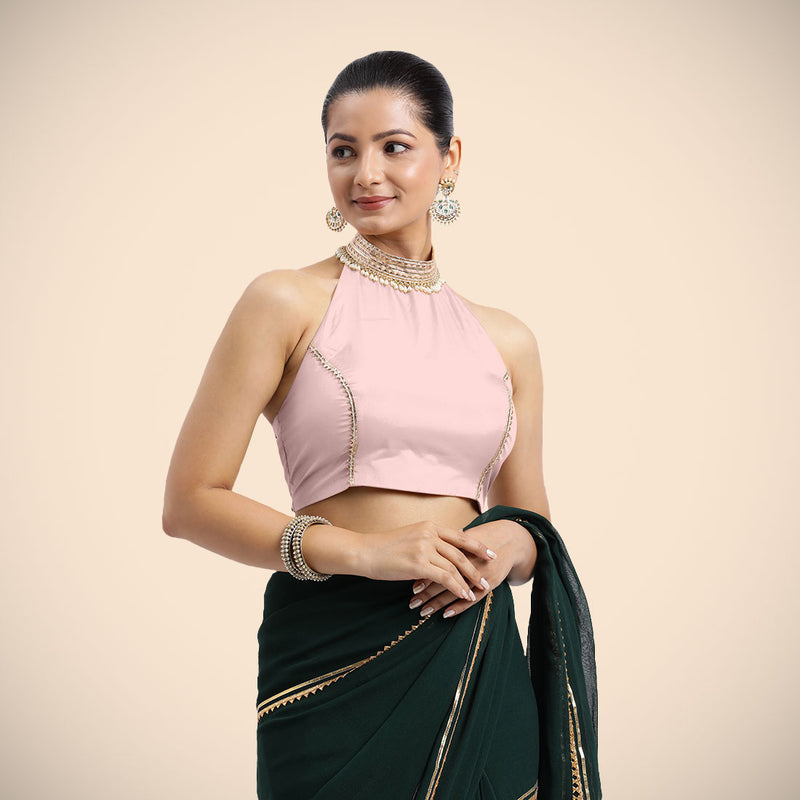 Laila x Tyohaar | Sleeveless Baby Pink FlexiFit™ Gota Embellished Saree Blouse with Halter Neck-Binks