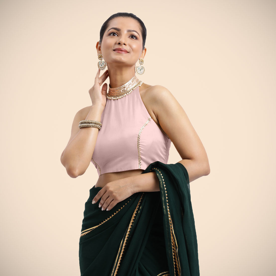 Laila x Tyohaar Saree Blouse, in Pink Artificial Silk, featuring sleeveless and halter neckline, made for party & festive.