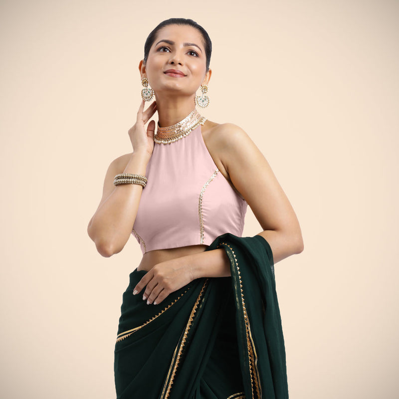 Laila x Tyohaar | Sleeveless Baby Pink FlexiFit™ Gota Embellished Saree Blouse with Halter Neck-Binks