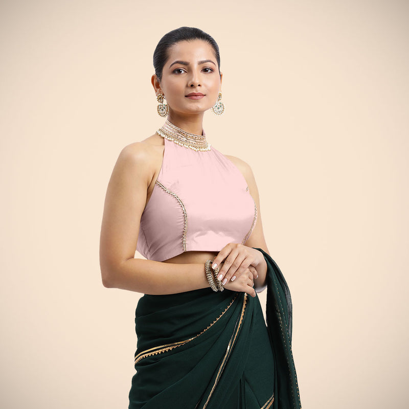 Laila x Tyohaar | Sleeveless Baby Pink FlexiFit™ Gota Embellished Saree Blouse with Halter Neck-Binks