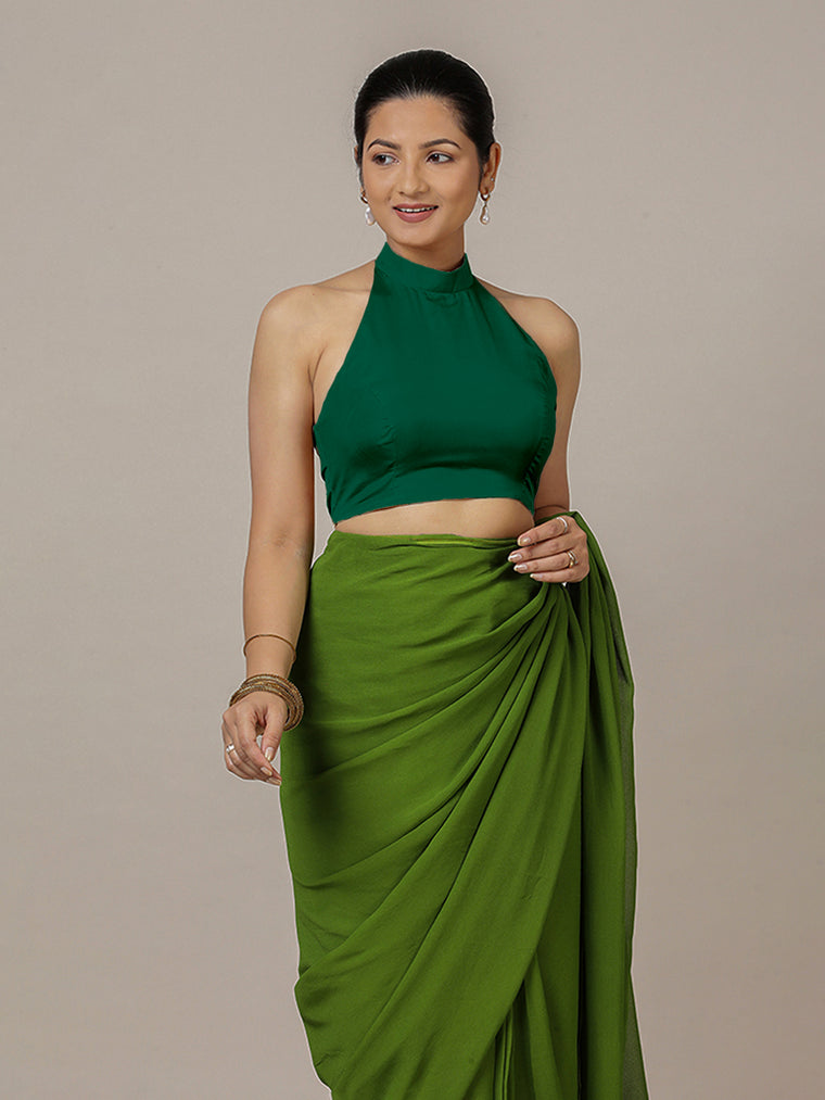 Laila x Rozaana Saree Blouse, in Green Vegan Silk, featuring sleeveless and halter neckline, made for party & festive.