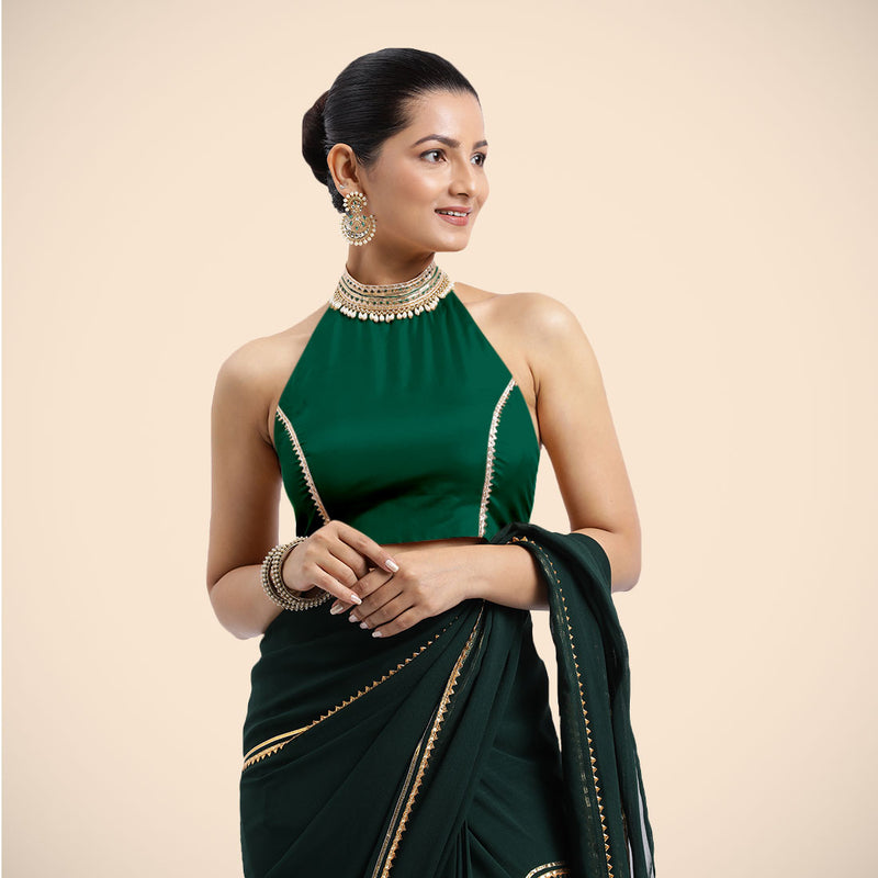 Laila x Tyohaar | Bottle Green Halterneck FlexiFit™ Saree Blouse with Heavy Golden Gota and Pearl Embellishments-Binks
