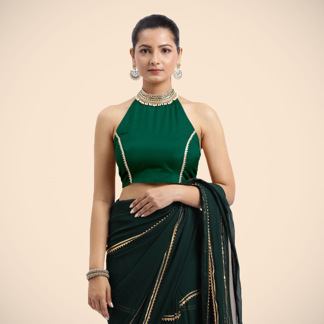Laila x Tyohaar Saree Blouse, in Green Vegan Silk, featuring sleeveless and halter neckline, made for party & festive (view 2).