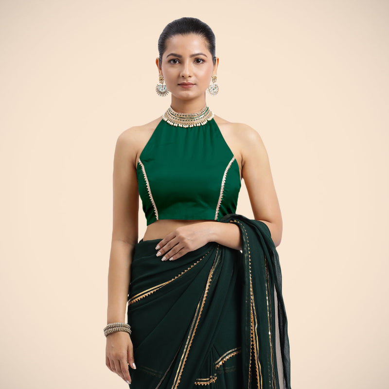 Laila x Tyohaar | Bottle Green Halterneck FlexiFit™ Saree Blouse with Heavy Golden Gota and Pearl Embellishments-Binks