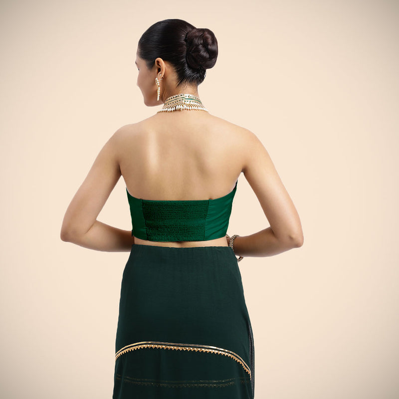 Laila x Tyohaar | Bottle Green Halterneck FlexiFit™ Saree Blouse with Heavy Golden Gota and Pearl Embellishments-Binks