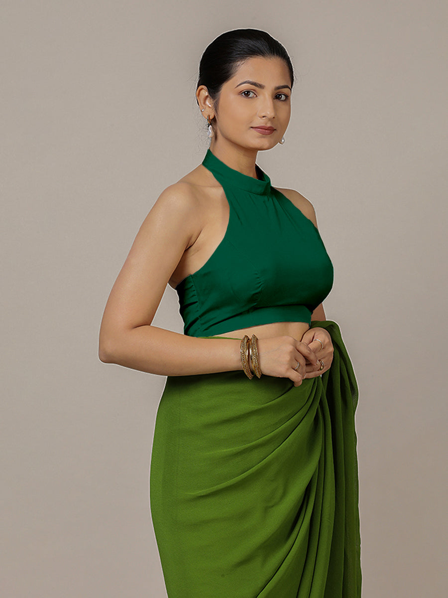 Laila x Rozaana Saree Blouse, in Green Vegan Silk, featuring sleeveless and halter neckline, made for party & festive (view 6).