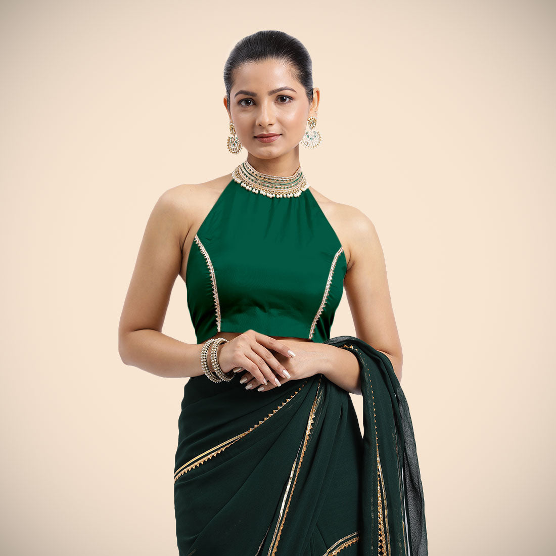 Laila x Tyohaar Saree Blouse, in Green Vegan Silk, featuring sleeveless and halter neckline, made for party & festive (view 6).