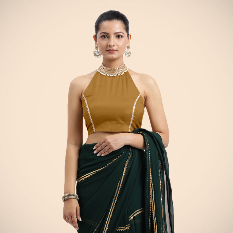 Laila x Tyohaar Saree Blouse, in Gold Vegan Silk, featuring sleeveless and halter neckline, made for party & festive.