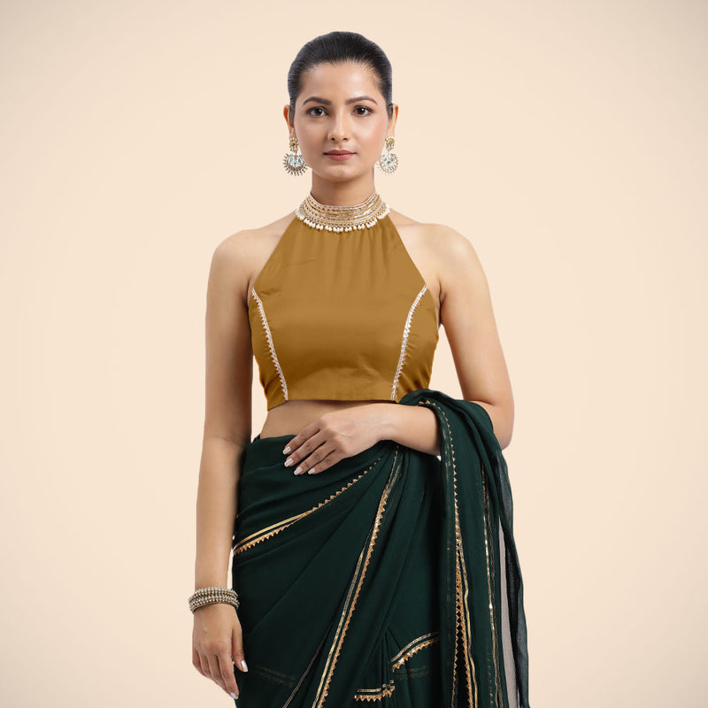 Laila x Tyohaar | Bronze Gold Halterneck FlexiFit™ Saree Blouse with Heavy Golden Gota and Pearl Embellishments-Binks