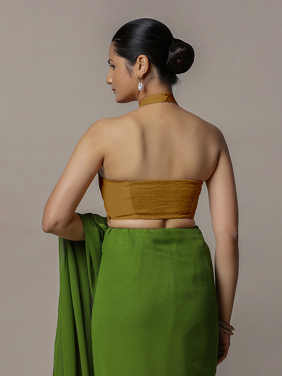 Laila x Rozaana Saree Blouse, in Gold Vegan Silk, featuring sleeveless and halter neckline, made for party & festive (view 2).