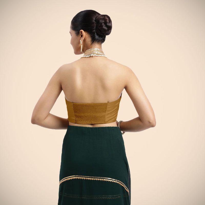 Laila x Tyohaar | Bronze Gold Halterneck FlexiFit™ Saree Blouse with Heavy Golden Gota and Pearl Embellishments-Binks