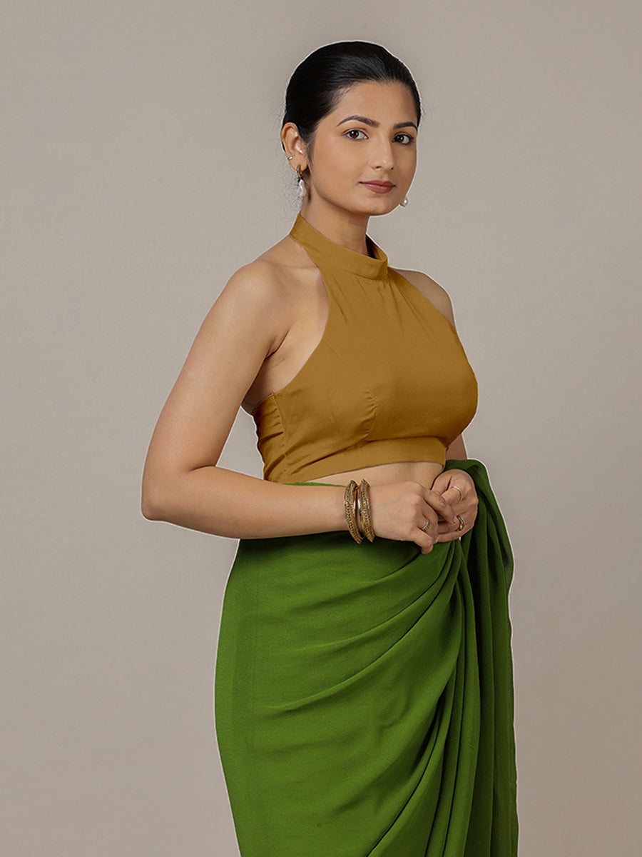 Laila x Rozaana Saree Blouse, in Gold Vegan Silk, featuring sleeveless and halter neckline, made for party & festive (view 6).