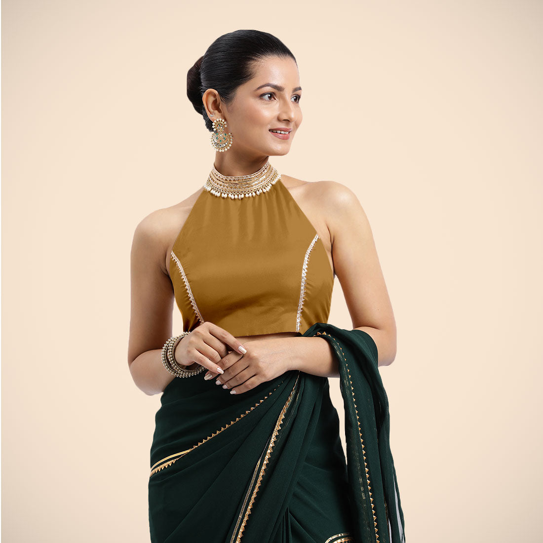 Laila x Tyohaar Saree Blouse, in Gold Vegan Silk, featuring sleeveless and halter neckline, made for party & festive (view 6).