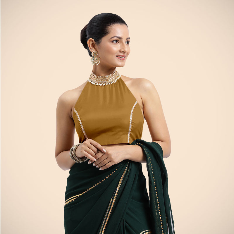 Laila x Tyohaar | Bronze Gold Halterneck FlexiFit™ Saree Blouse with Heavy Golden Gota and Pearl Embellishments-Binks