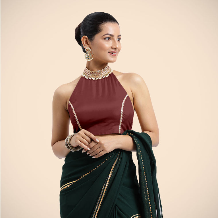 Laila x Tyohaar Saree Blouse, in Maroon Vegan Silk, featuring sleeveless and halter neckline, made for party & festive.