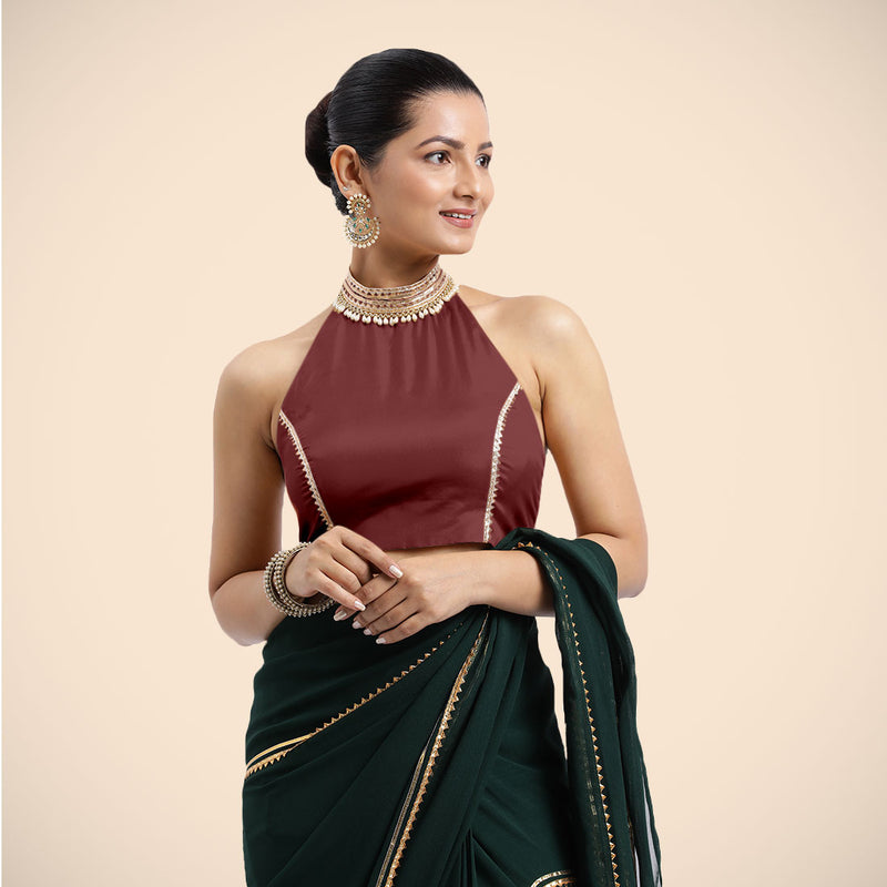 Laila x Tyohaar | Burgundy Halterneck FlexiFit™ Saree Blouse with Heavy Golden Gota and Pearl Embellishments-Binks