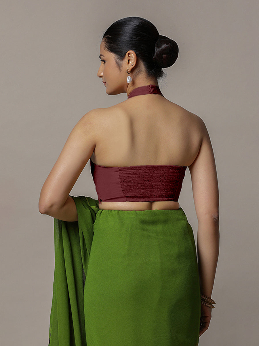 Laila x Rozaana Saree Blouse, in Maroon Vegan Silk, featuring sleeveless and halter neckline, made for party & festive (view 2).